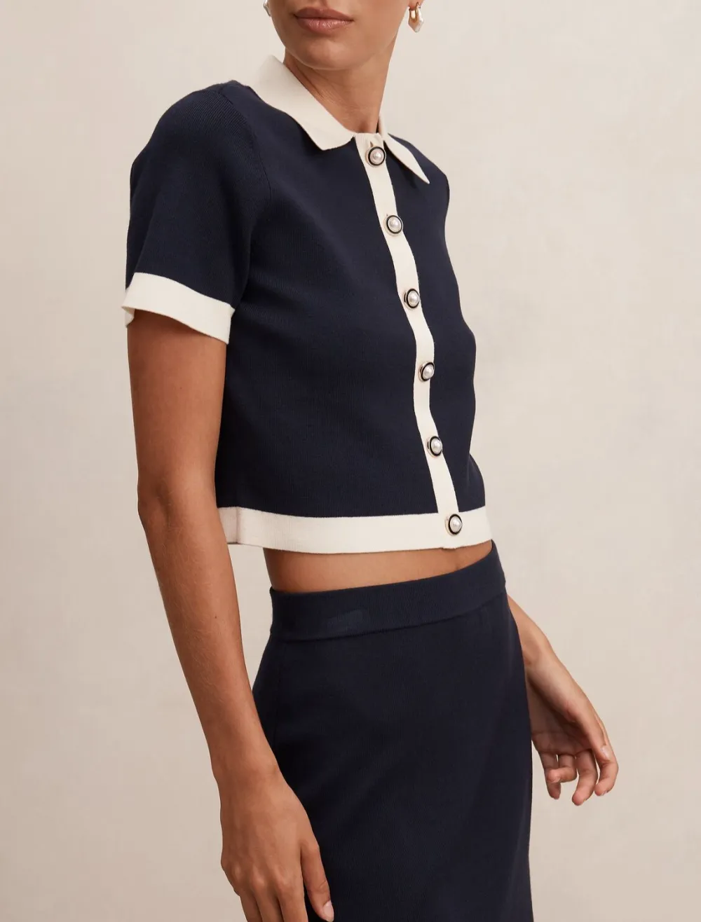 Navy White Trim Knit Button-Through Crop Top