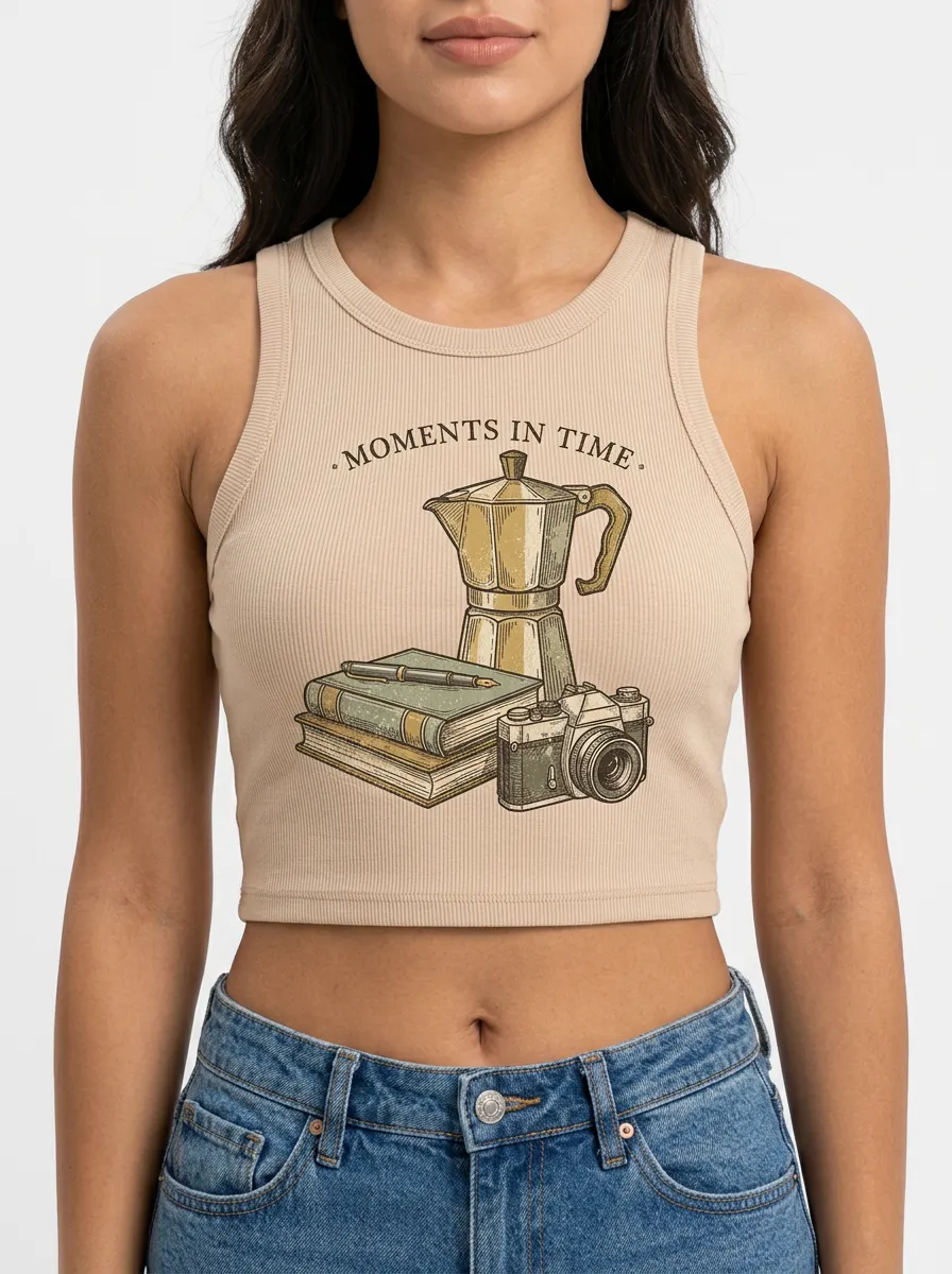 Women's Coffee Book Camera Lover Moments In Time Printed Crop Top