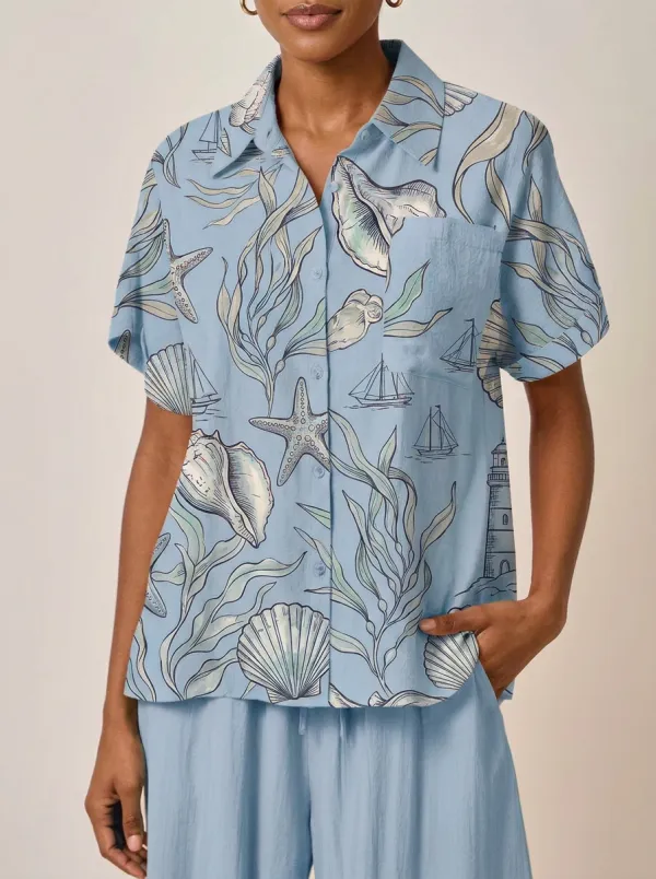 Women's Beach Lover Seashell Lighthouse Printed Shirt