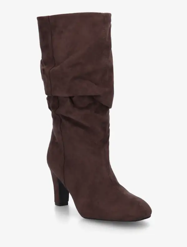Statement Block Heel Ruched Faux Suede Knee High Boots