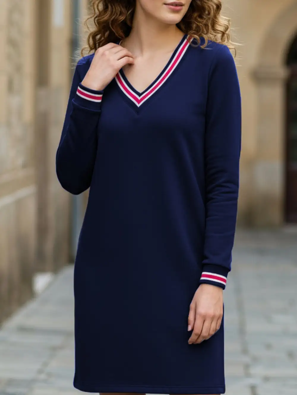Ribbed V-Neck Contrast Dress
