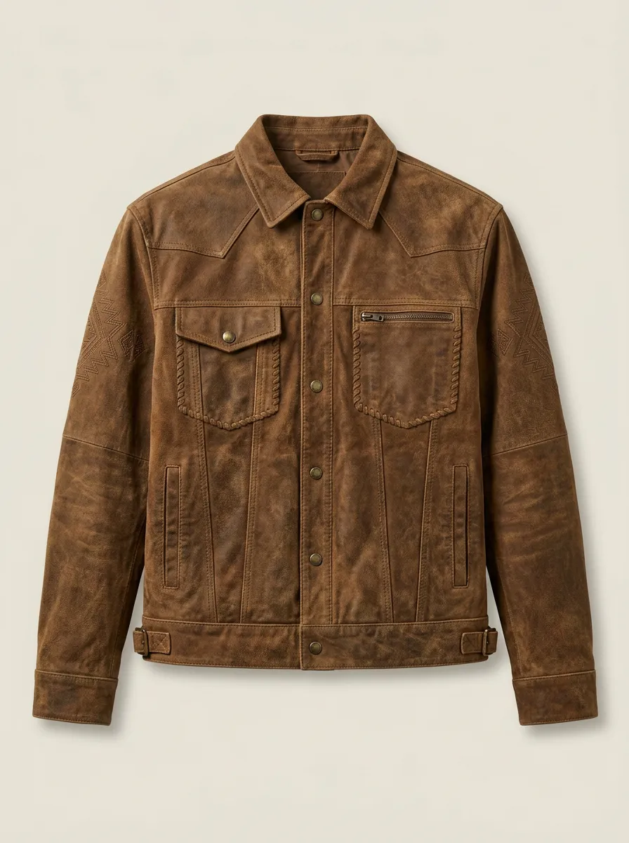 Men's Western Vintage Brown Suede Embroidered Jacket