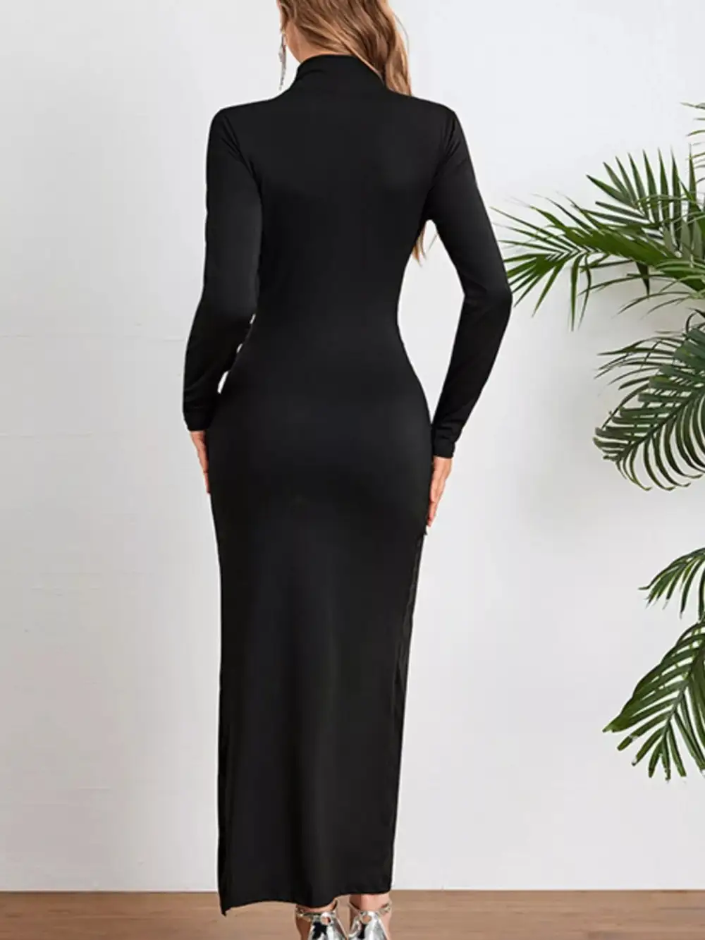 Mock Neck Ruched Slit Midi Dress