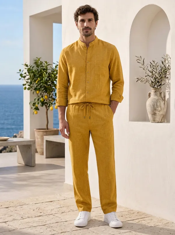 Active Linen Mandarin Collar Finish Men's Mandarin Collar Shirt And Drawstring Pants Set