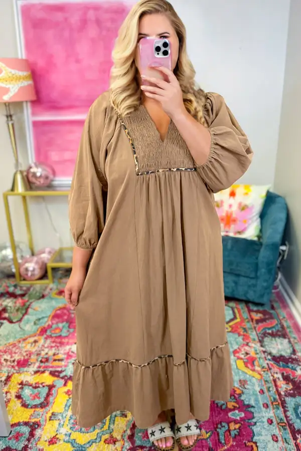 Finish Animal Print V Neck Smocked Dress