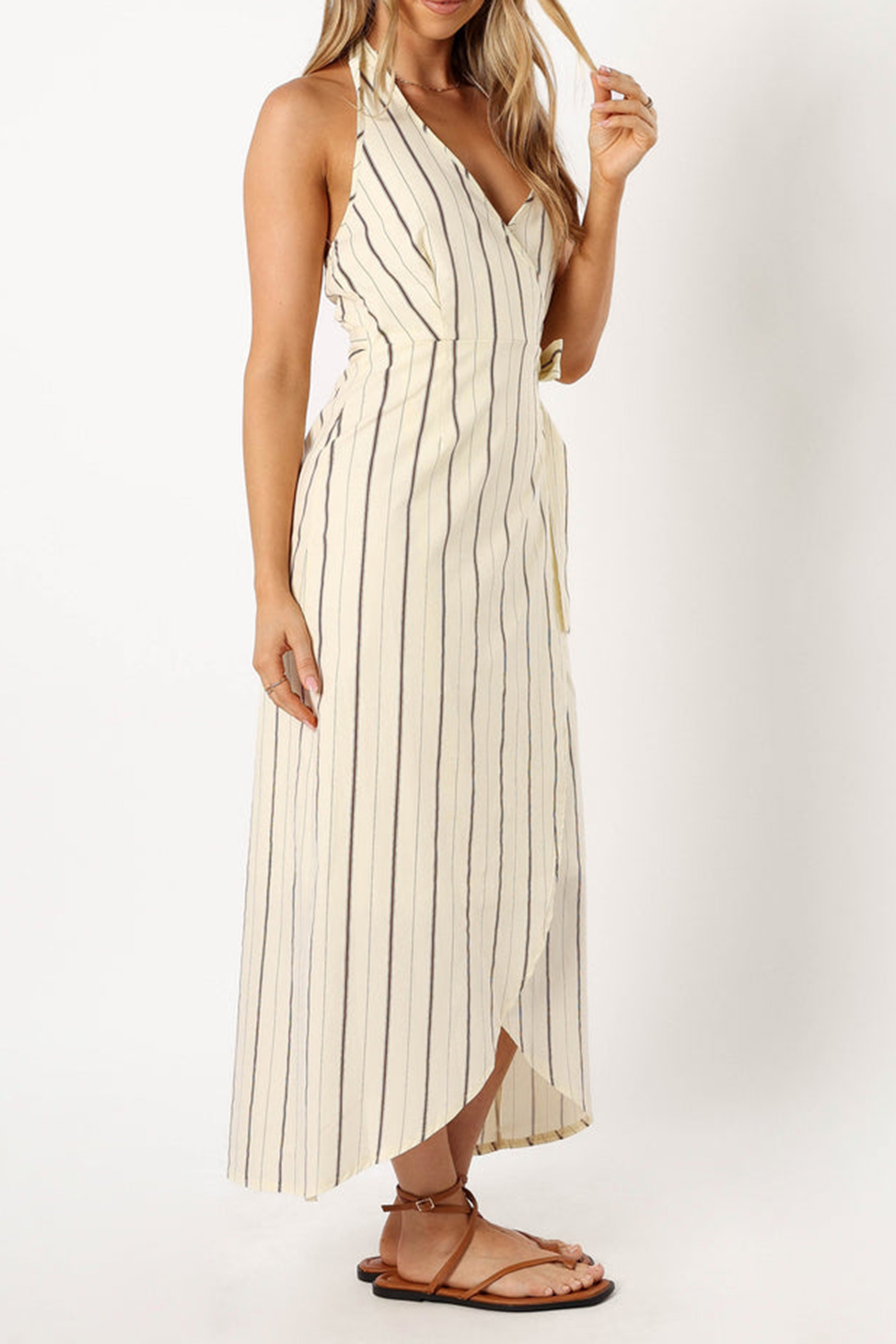STRIPED PRINT WRAP MIDI  DRESS