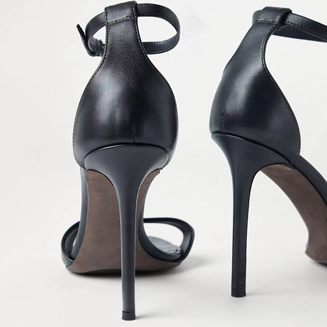 Valeria Black PU Ankle Strap Heels