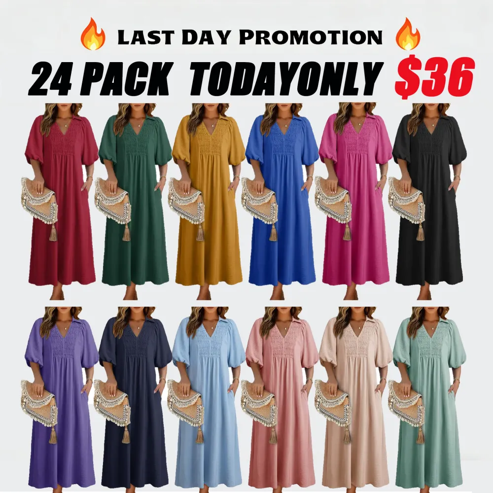 Casual V-neck puff-sleeve high-waist A-line long summer dress