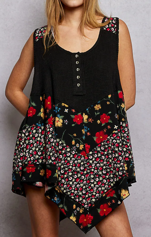 Round-Neck Buttoned Ribbed Textured Tank Top