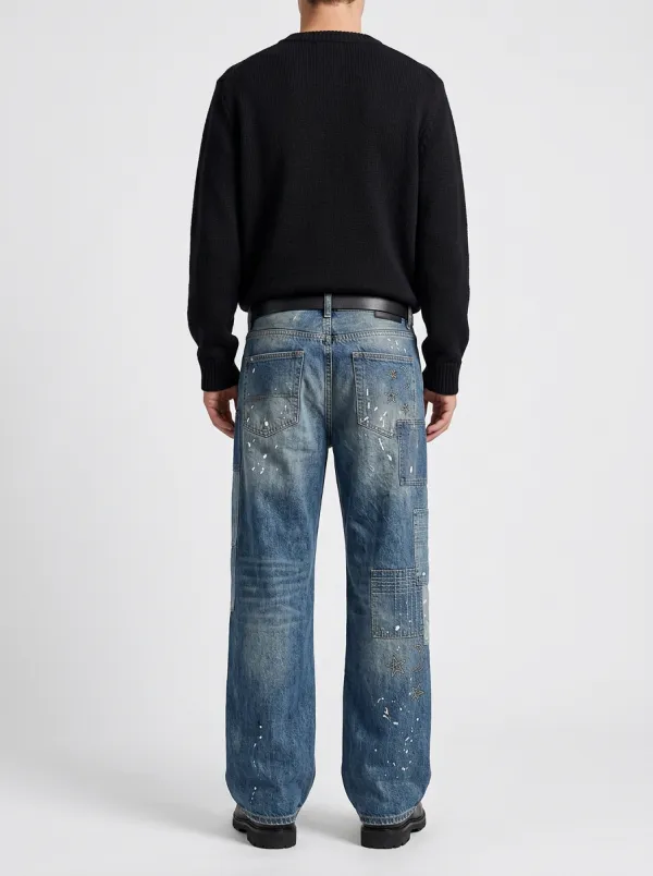 Wide Leg Patchwork Paint-Splatter Graphic Star-and-Moon Graphic Men's Loose Fit Jeans