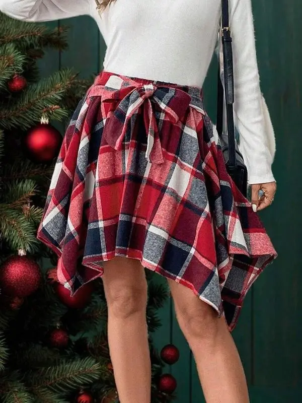 Women's Fashion Style Plaid Print Asymmetrical Hem High Waist Skirt, Casual Comfort Elastic Waist Tiered Layer Knee Length Skirt for Summer Going Out Streetwear, Fashionable Trendy Plaid Skirt, Womenswear Everyday Bottom