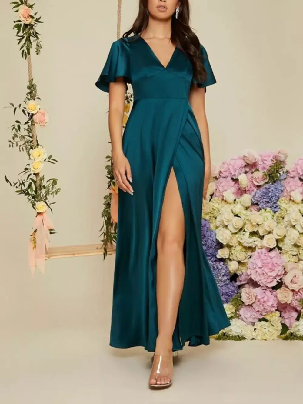 Slit Flutter Sleeve Maxi Dress
