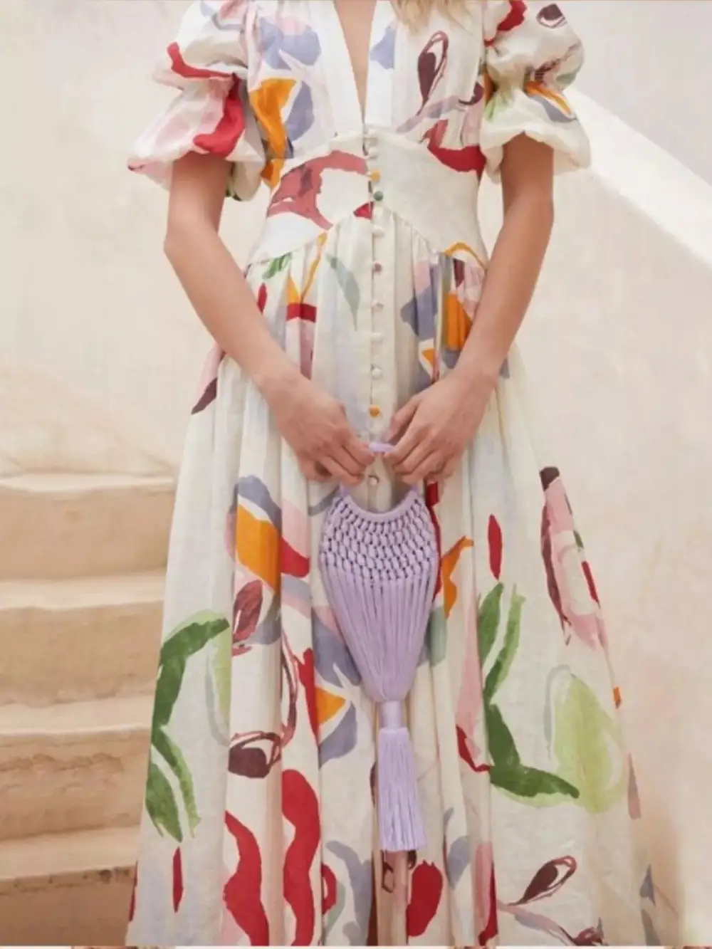 Full Size Abstract Print Puff Sleeve Midi Dress Plus Size