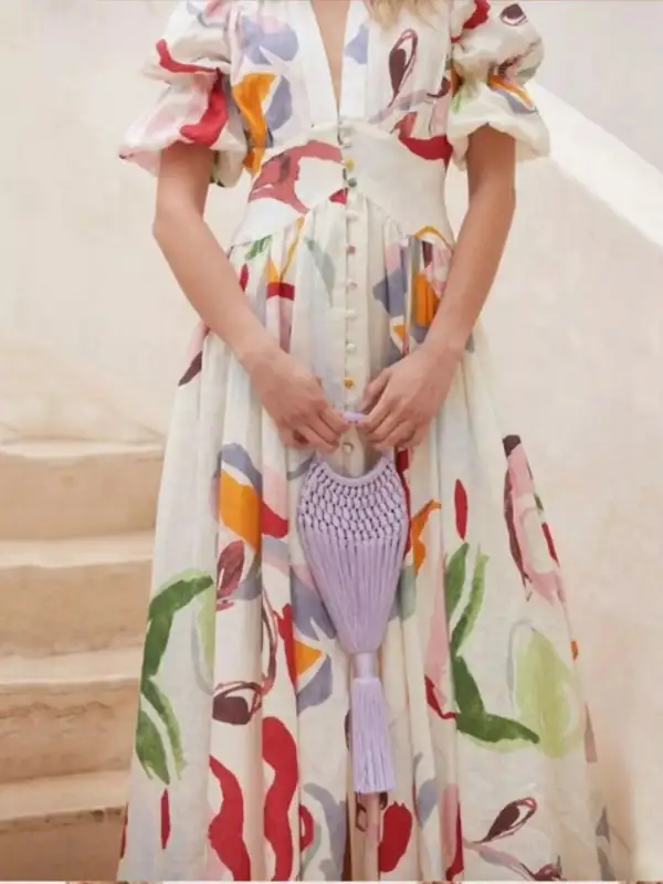 Full Size Abstract Print Puff Sleeve Midi Dress Plus Size