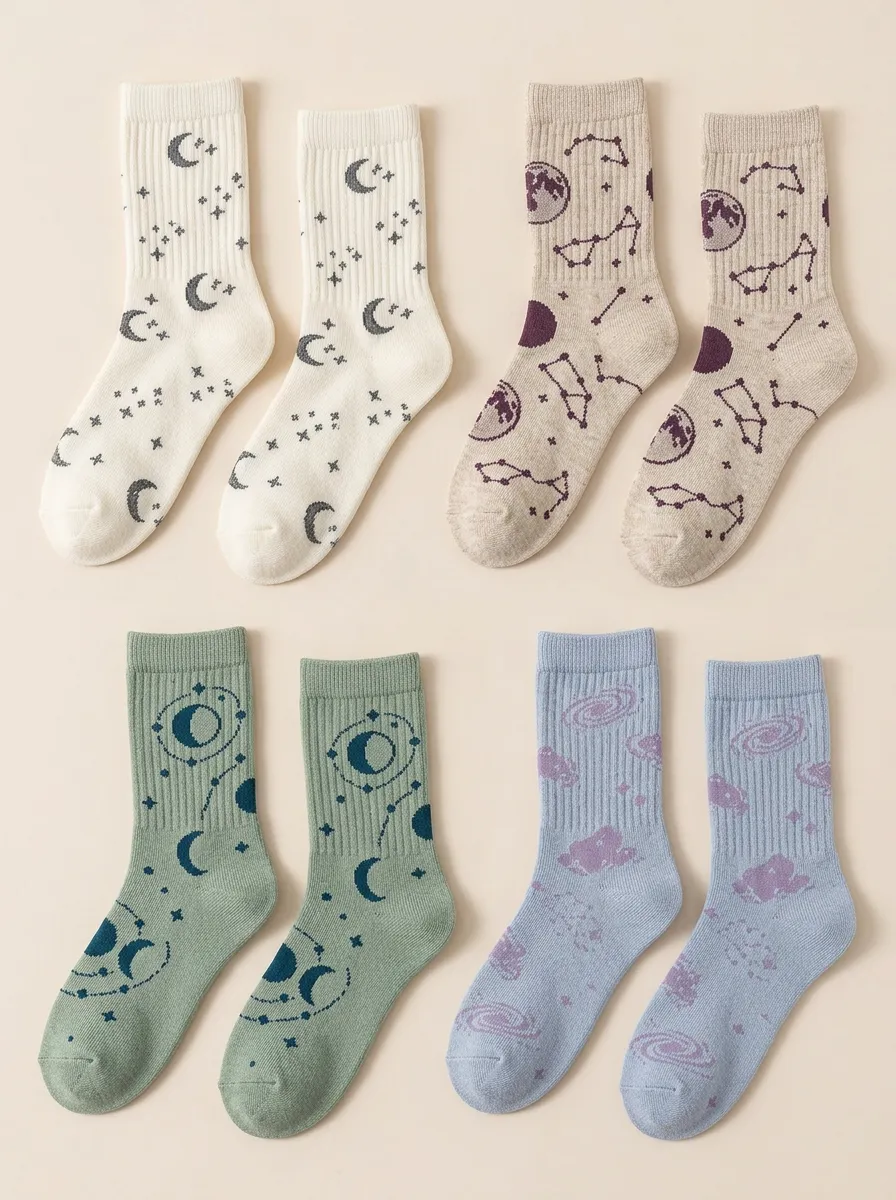 Women's Four-Pair Moon Star & Constellation Crew Sock Set