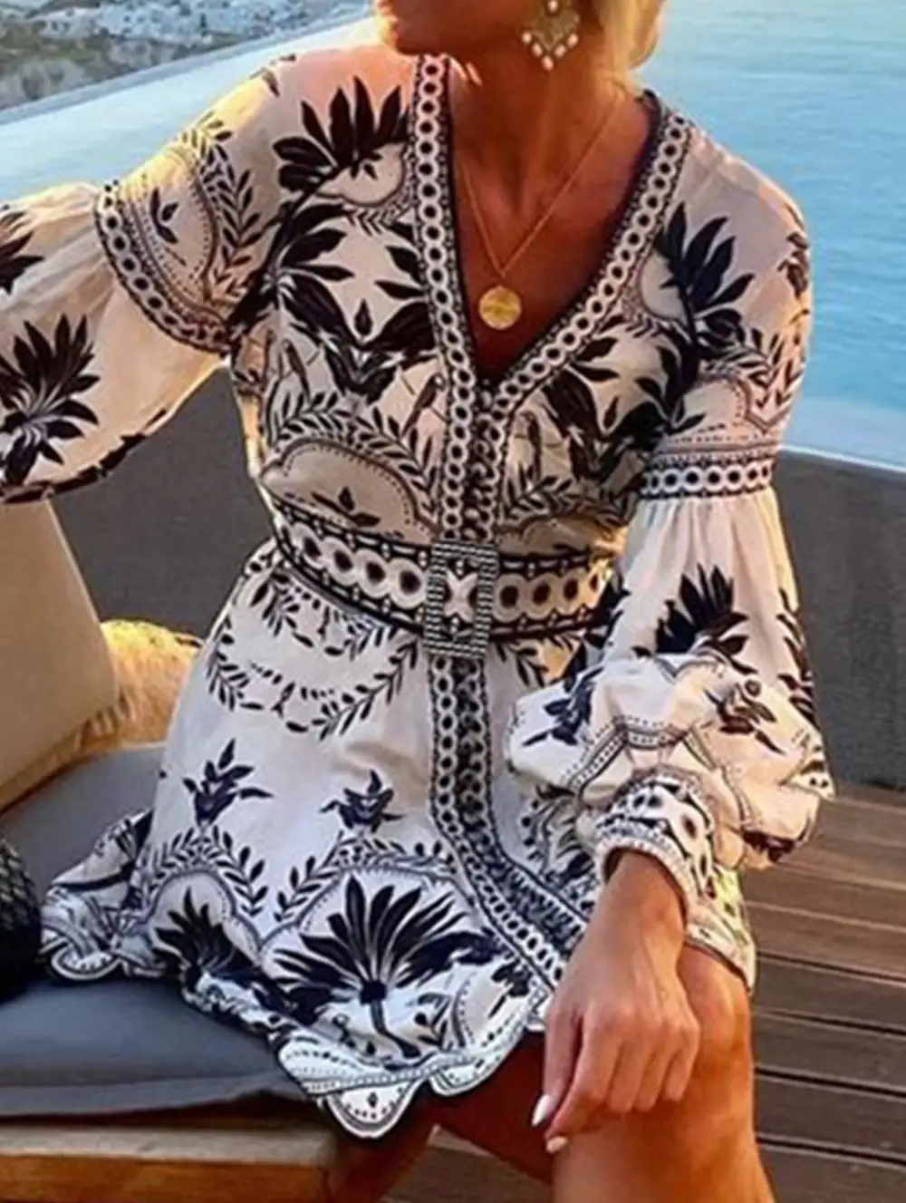 Textured Detail Printed Mini Dress