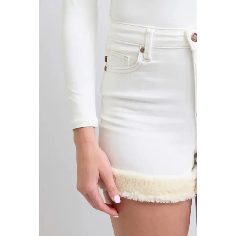 Full Size High Waist Shearling Cuff Denim Shorts Plus Size