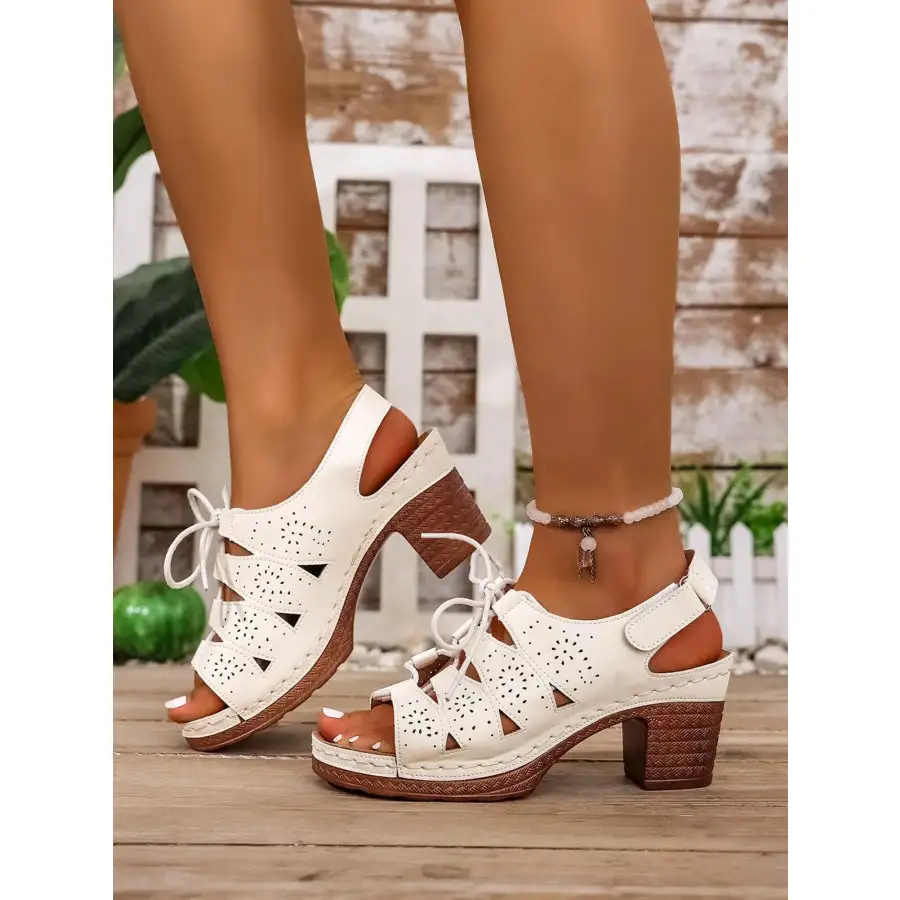 Lace Up Chunky Heel Eyelet Sandals