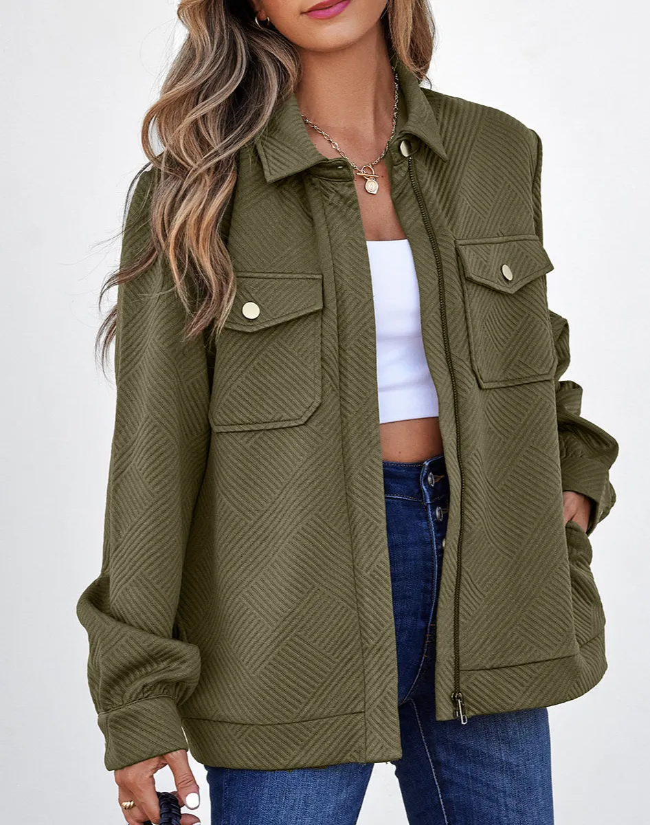 Blackish Zip-Up Button Flap Pocket Shirt Collar Jackets Jacket