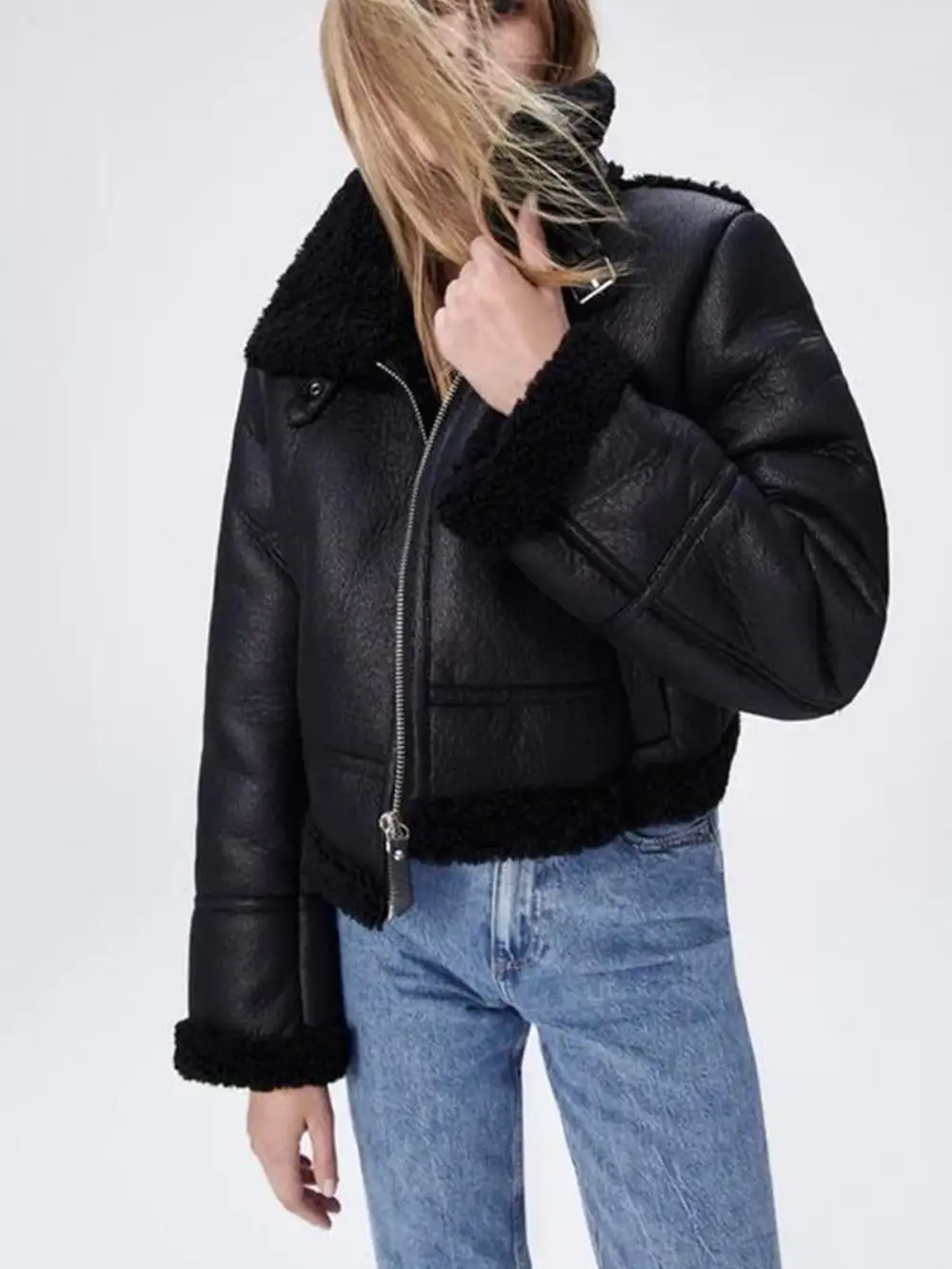 Aviator Cropped Shearling Leather Jacket