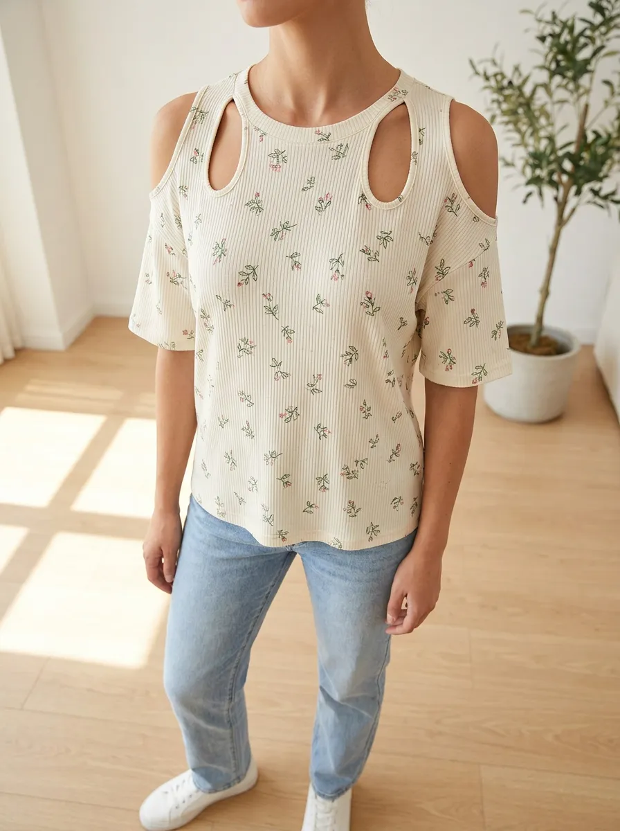 Women's Floral Print Cold Shoulder Ribbed Top