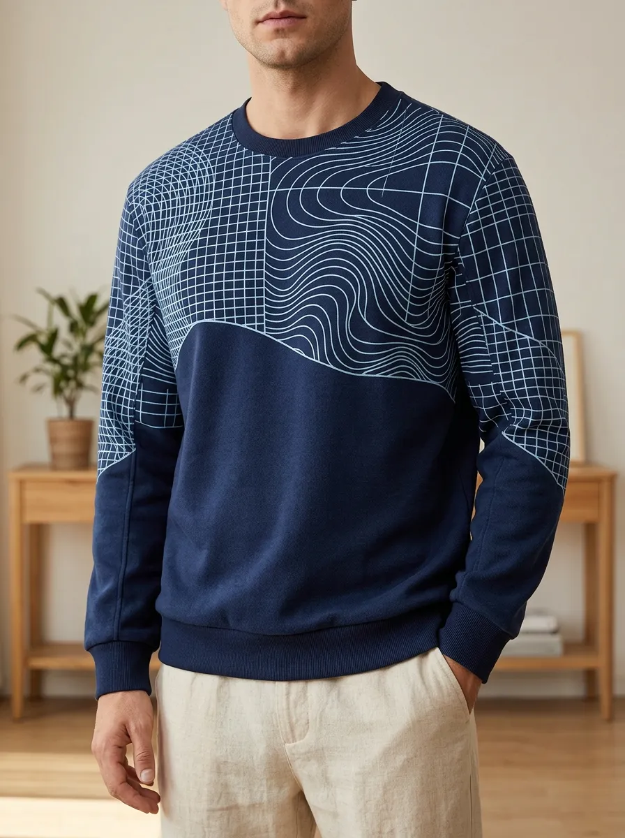 Men's Abstract Geometric Grid Printed Fleece Sweatshirt