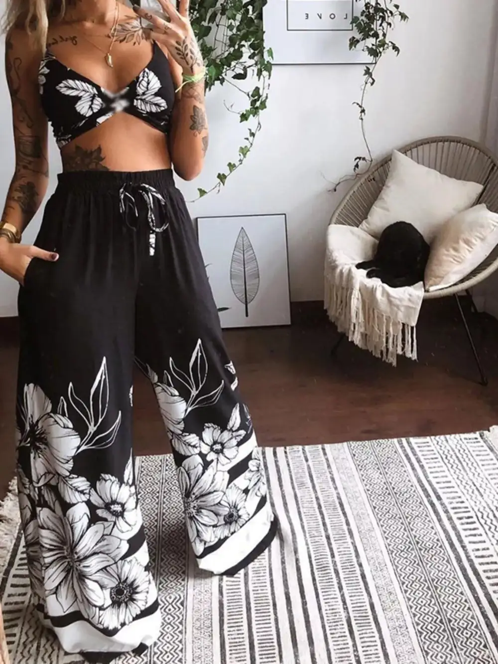 Boho Butterfly Print Top and Pants Set