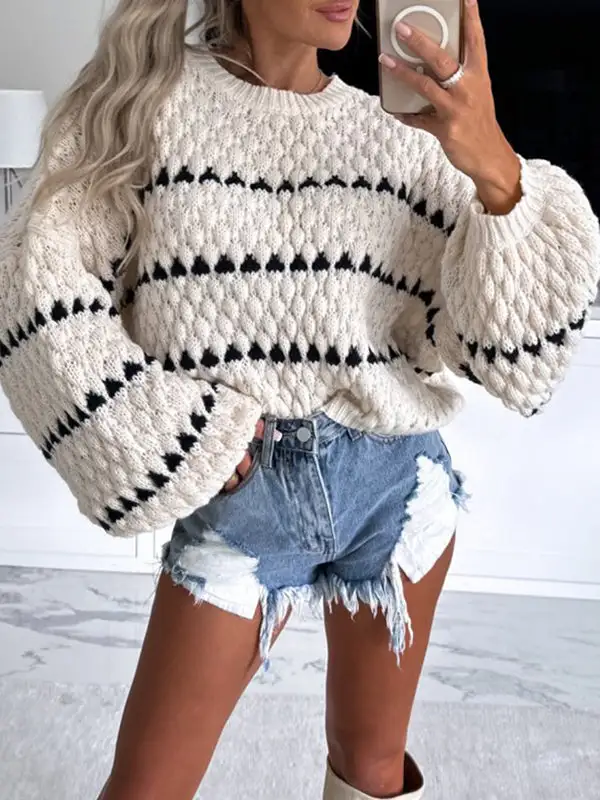 Paneled Round Neck Puff Sleeve Relaxed Fit Sweater