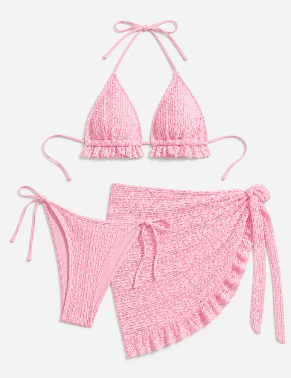 Solid Color Crochet Triangle Bikini Set with Cover Up Skirt