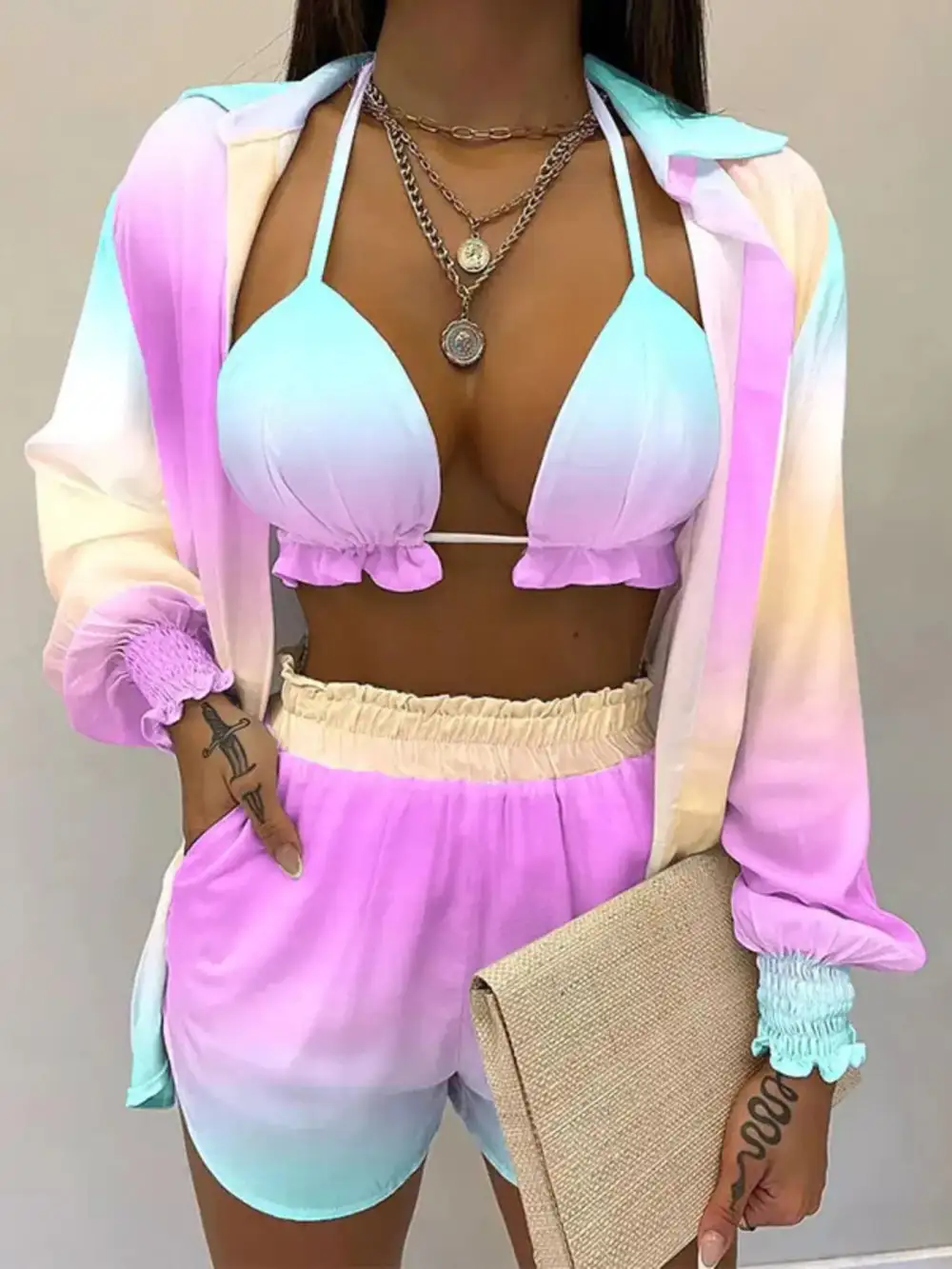 Halter Neck Cami & Shirt & Shorts Piece Outfit Set