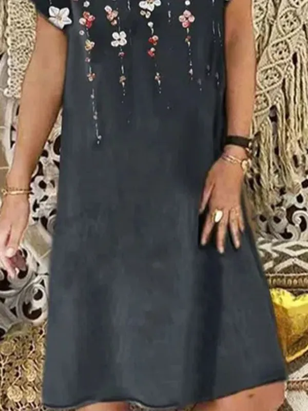 Casual Floral Print Short Sleeve V-Neck Midi Dress