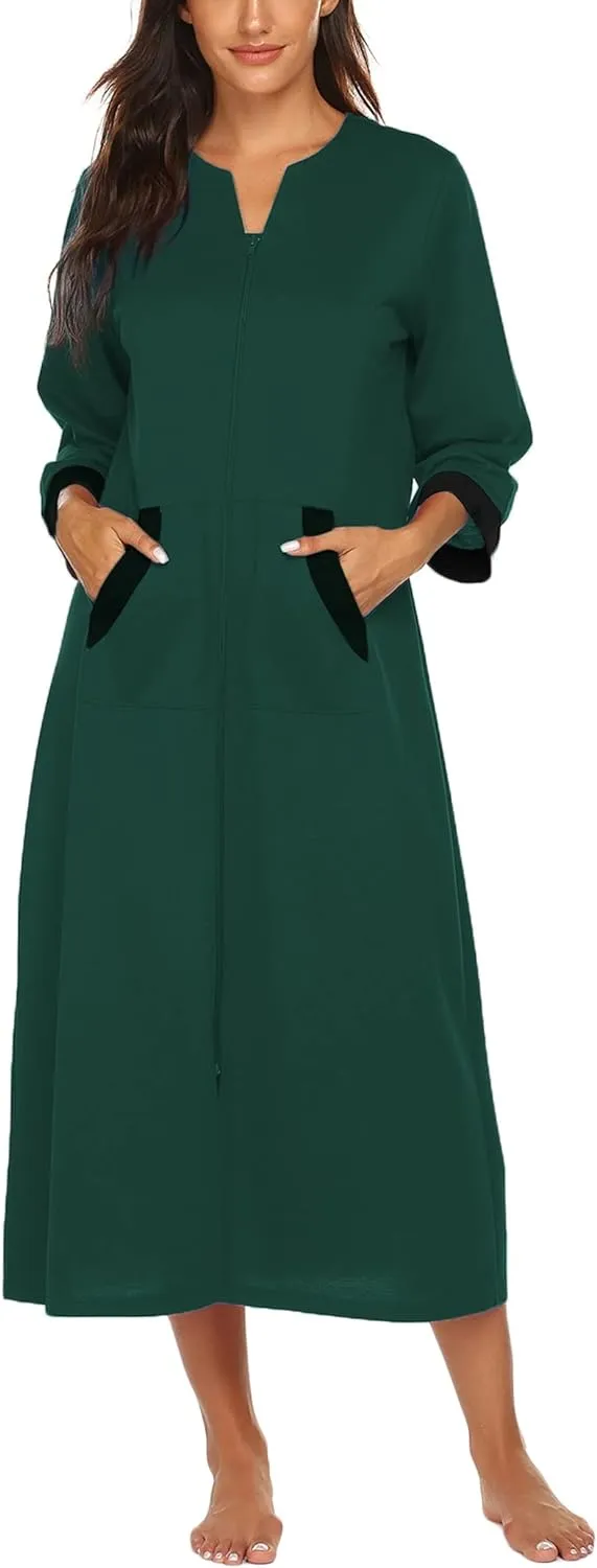 50% OFF Women Zipper Robe 3/4 Sleeves Loungewear Dress Full Length Sleepwear Pockets Housecoat Nightgown Long Bathrobe