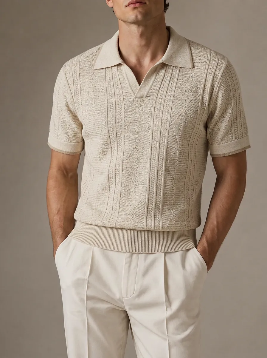 Men's Vintage Casual Beige Textured Knit Polo Shirt
