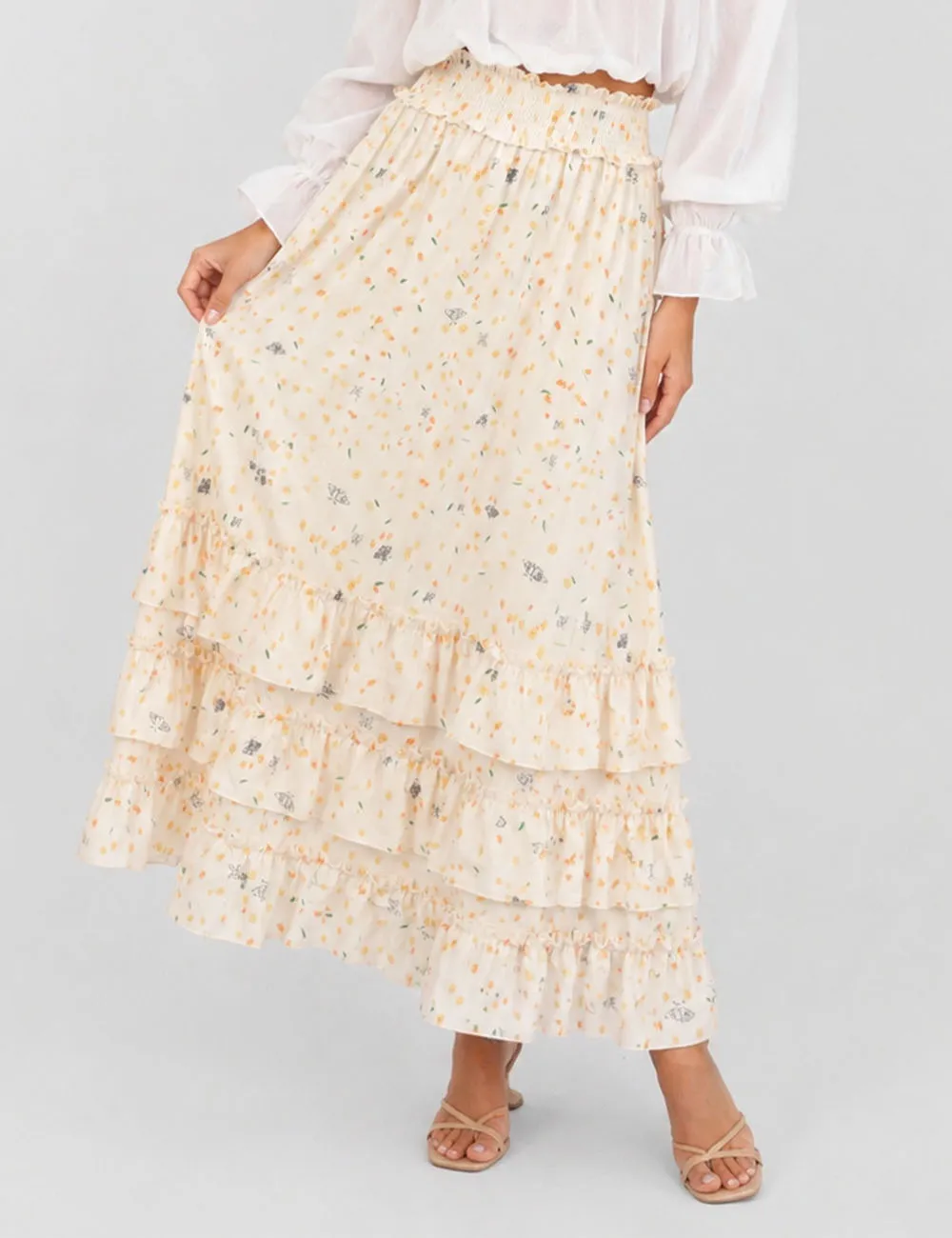 Tiered Ruffle Smocked Waist Maxi Skirt