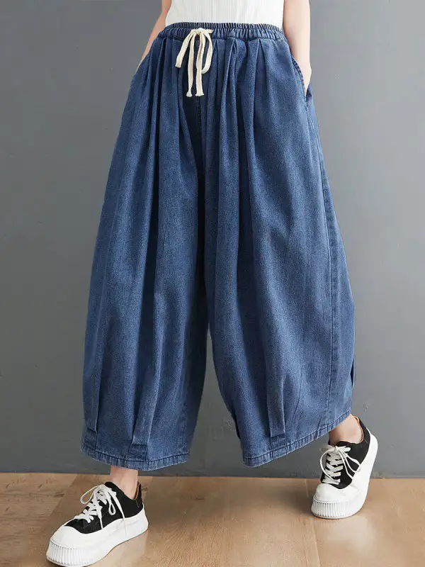 Artistic Retro Minimal Relaxed Fit Wide Leg Drawstring Jeans