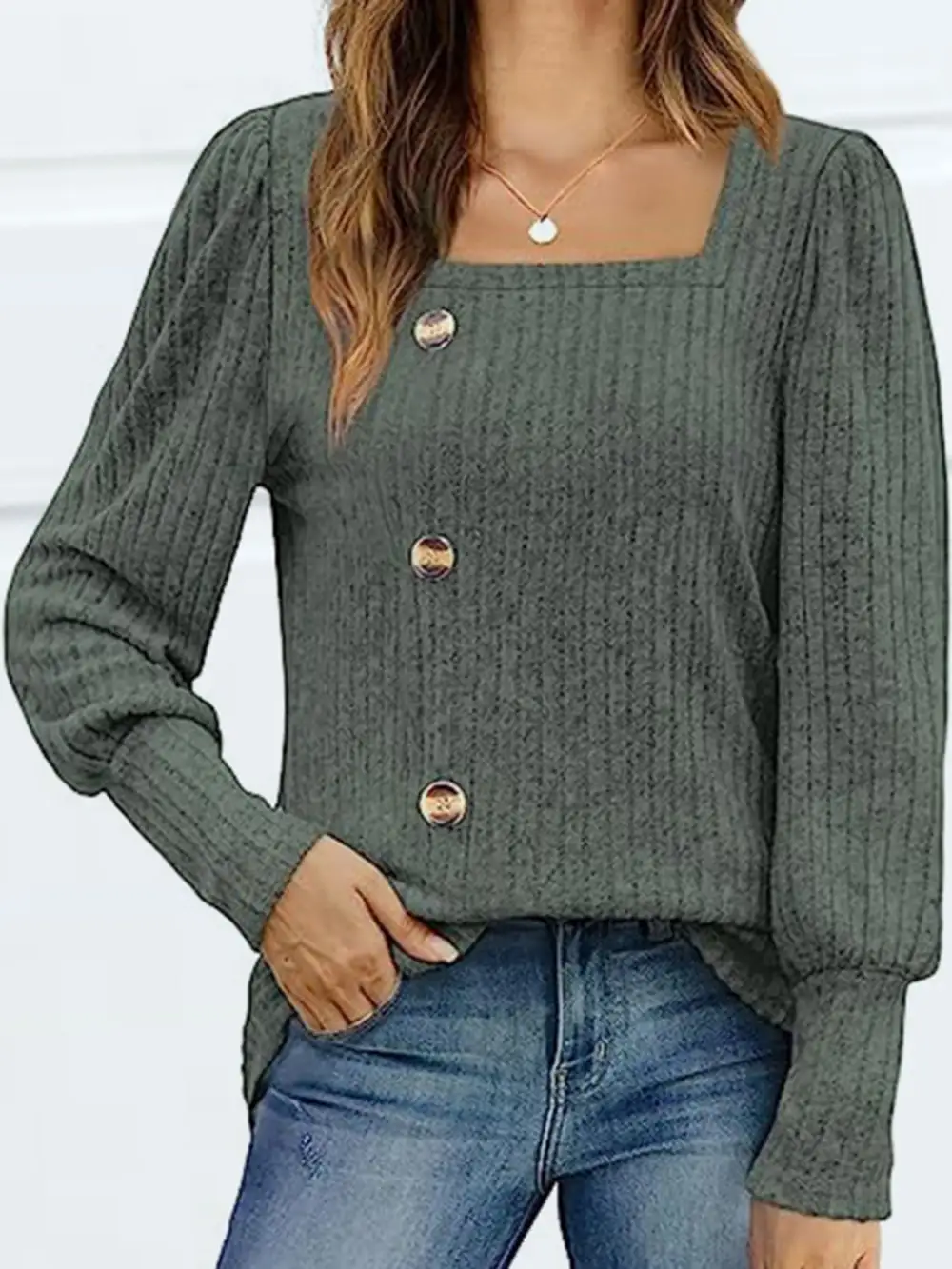 Button Front Square Neck Blouse