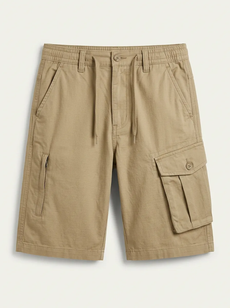 Men's Khaki Multi-Pocket Drawstring Cargo Shorts