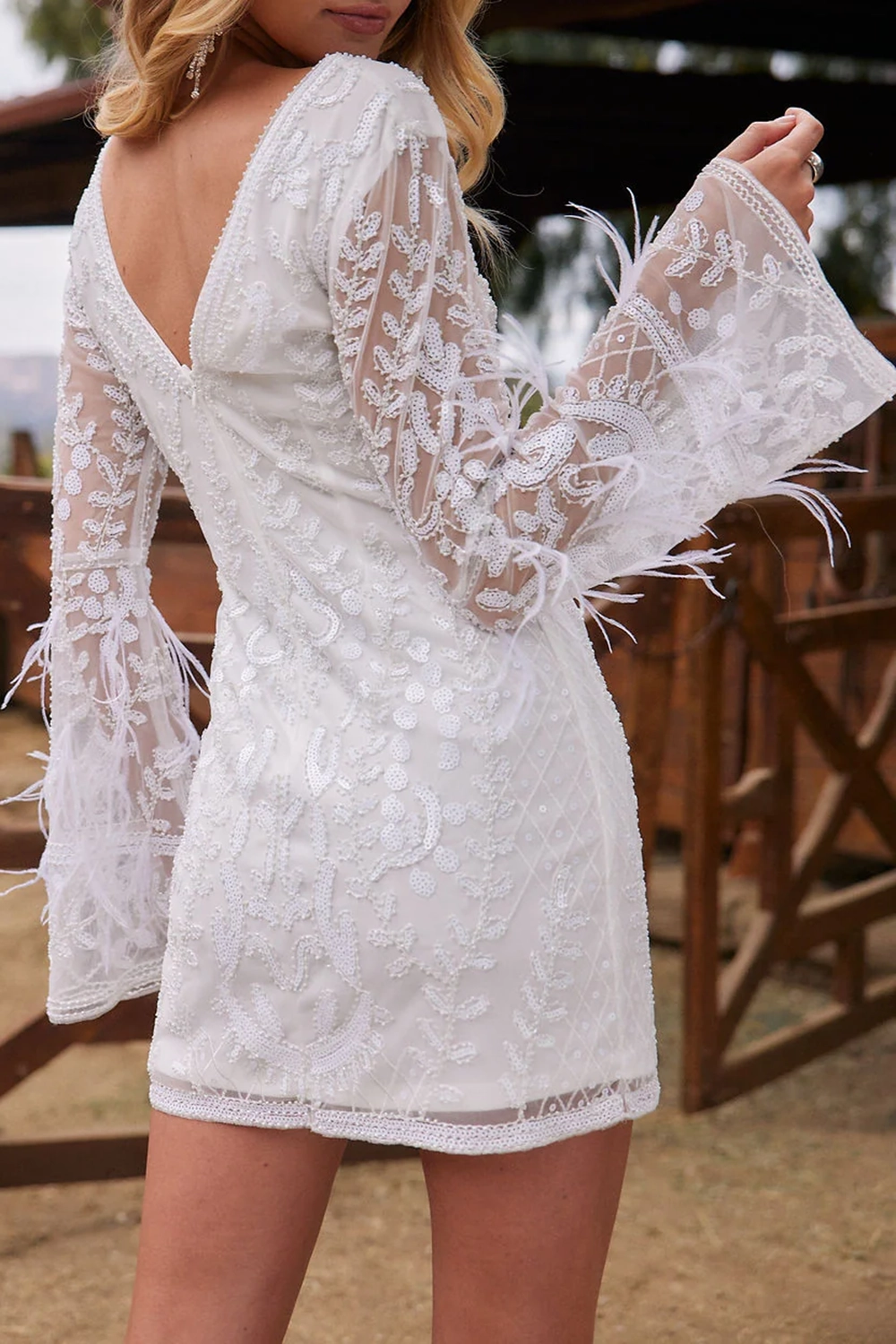 White Printed Sequin Long Sleeve Dress