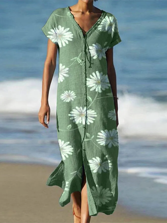 Women's Printed Split V-neck Dress