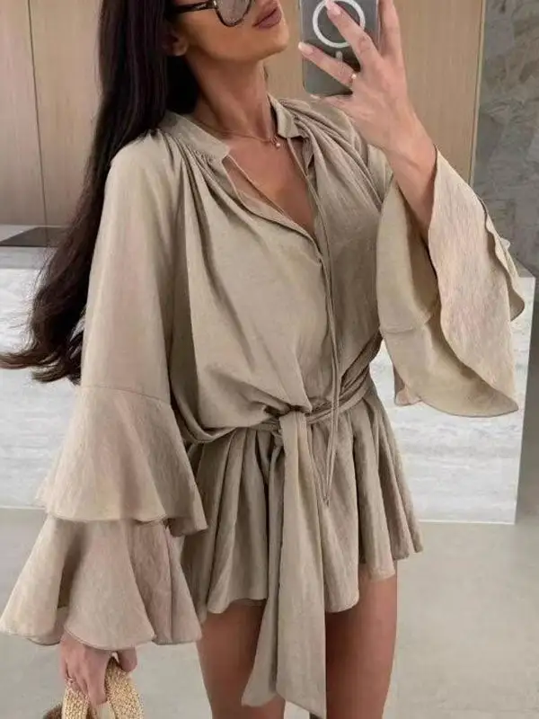 Flared Sleeve Relaxed Lace Up Pleated Solid Color Split Joint Tiered