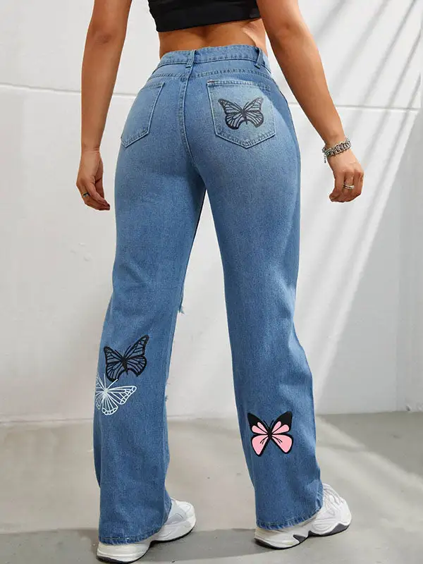 Butterfly Print Distressed Fringe Detail High Waist Seamed Jeans