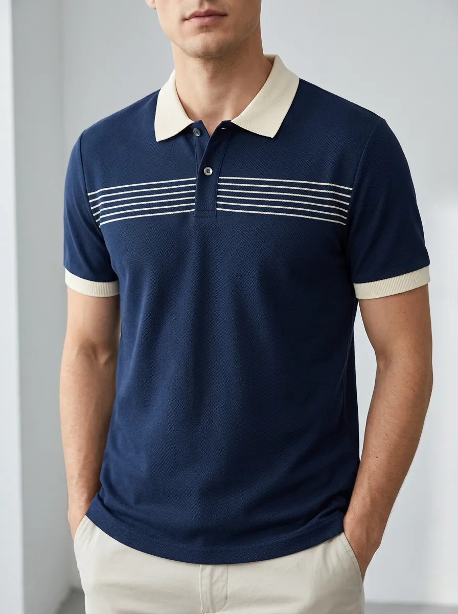 Men's Navy Blue Stripe Chest Pattern Polo Shirt