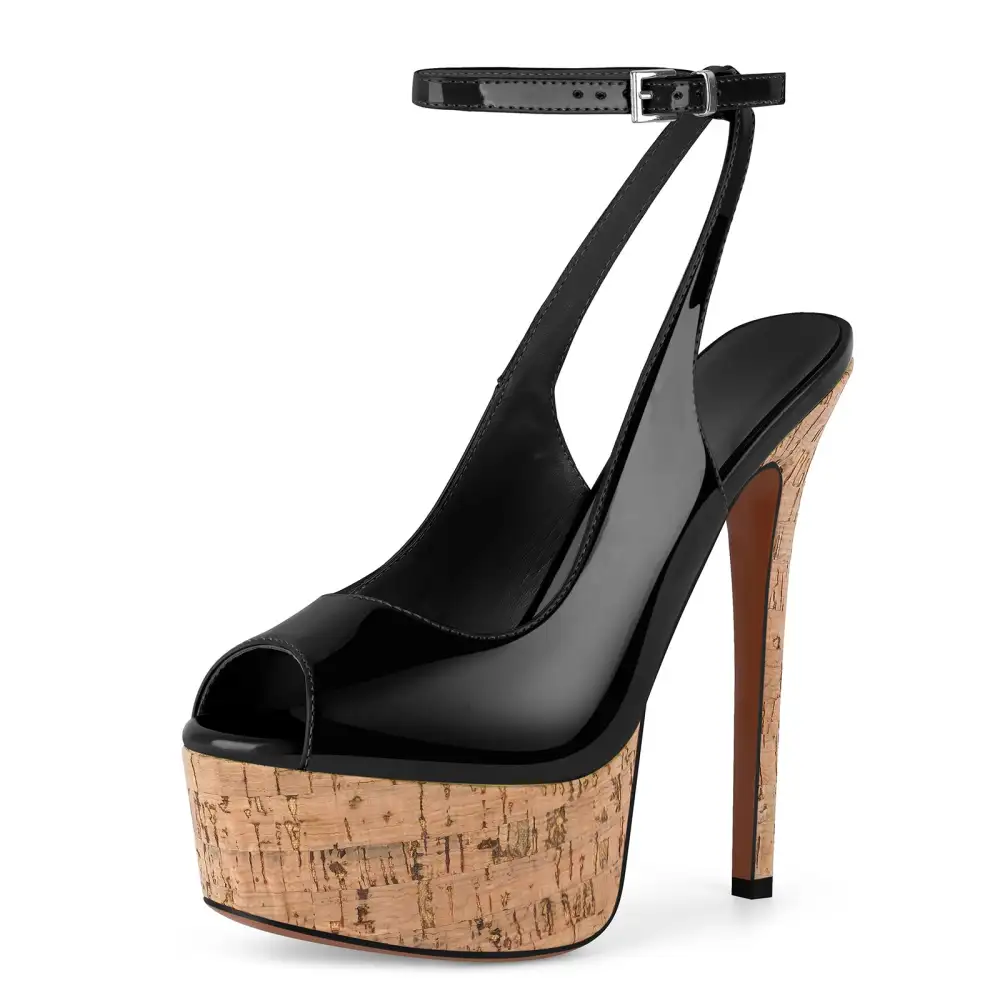 Patent Finish Peep Toe Platform Stiletto Ankle Strap Pumps