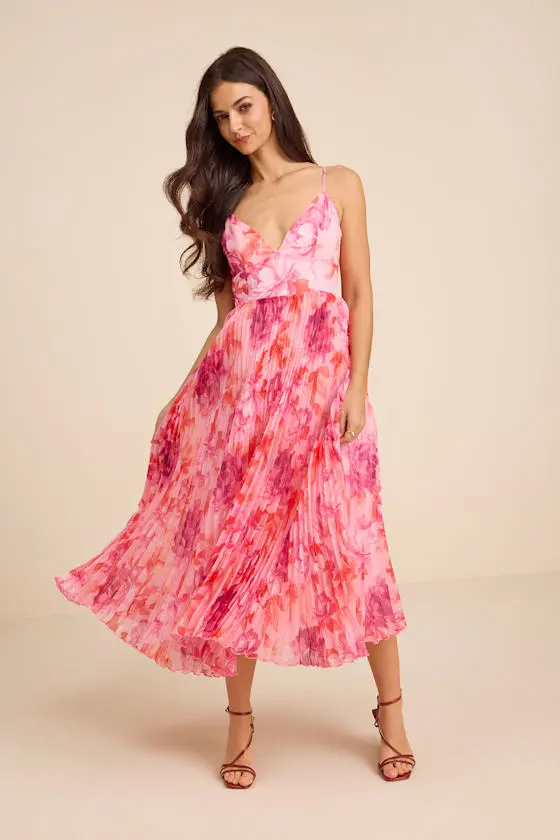 Sincerely Gorgeous Pink Multi Floral Pleated Midi Dress