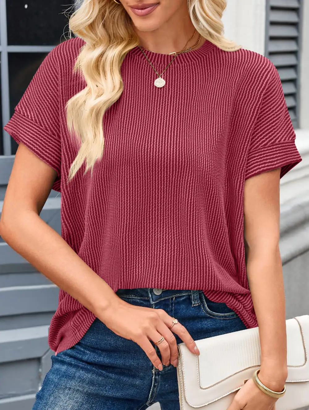 Ribbed Knit Crew Neck Tee