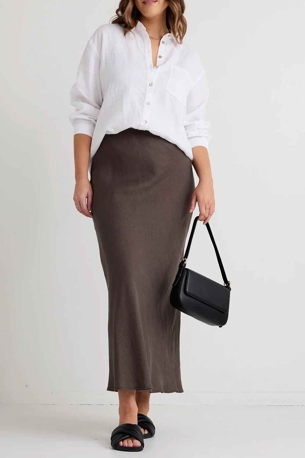 Brown Satin Midi Pencil Skirt