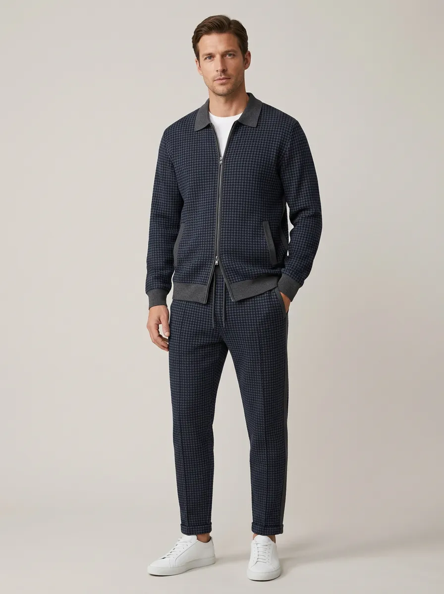 Men's Houndstooth Zip-Up Polo Collar Jacket and Jogger Pants Set