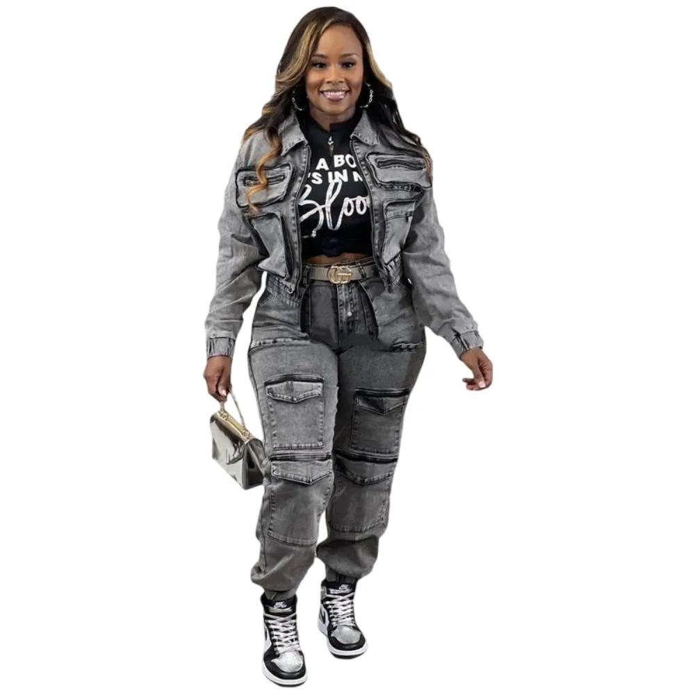 Two-Piece Women's Fashion Sexy High Elastic Multi-Pocket Washed Denim Casual Set