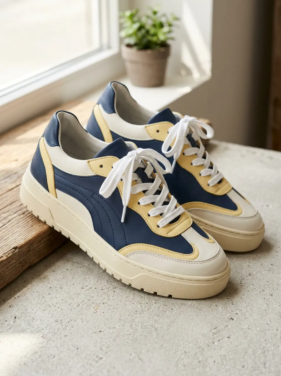 Women's Navy Blue and Yellow Colorblock Printed Sneakers