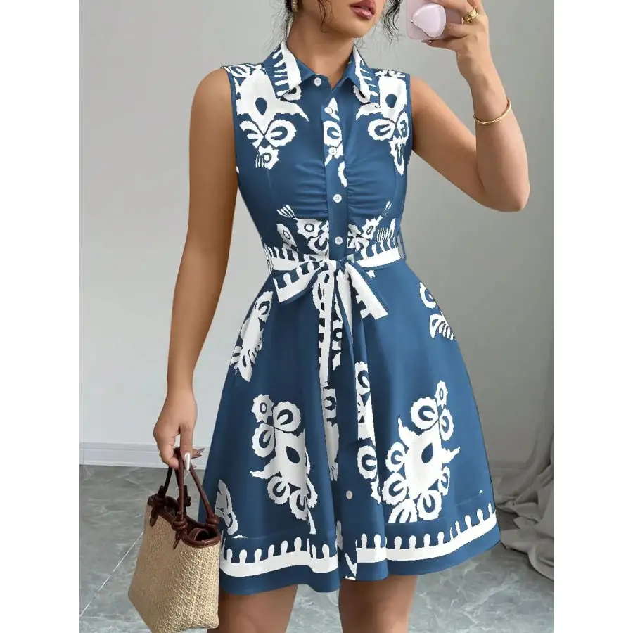 Printed Sleeveless Tie Waist Mini Dress